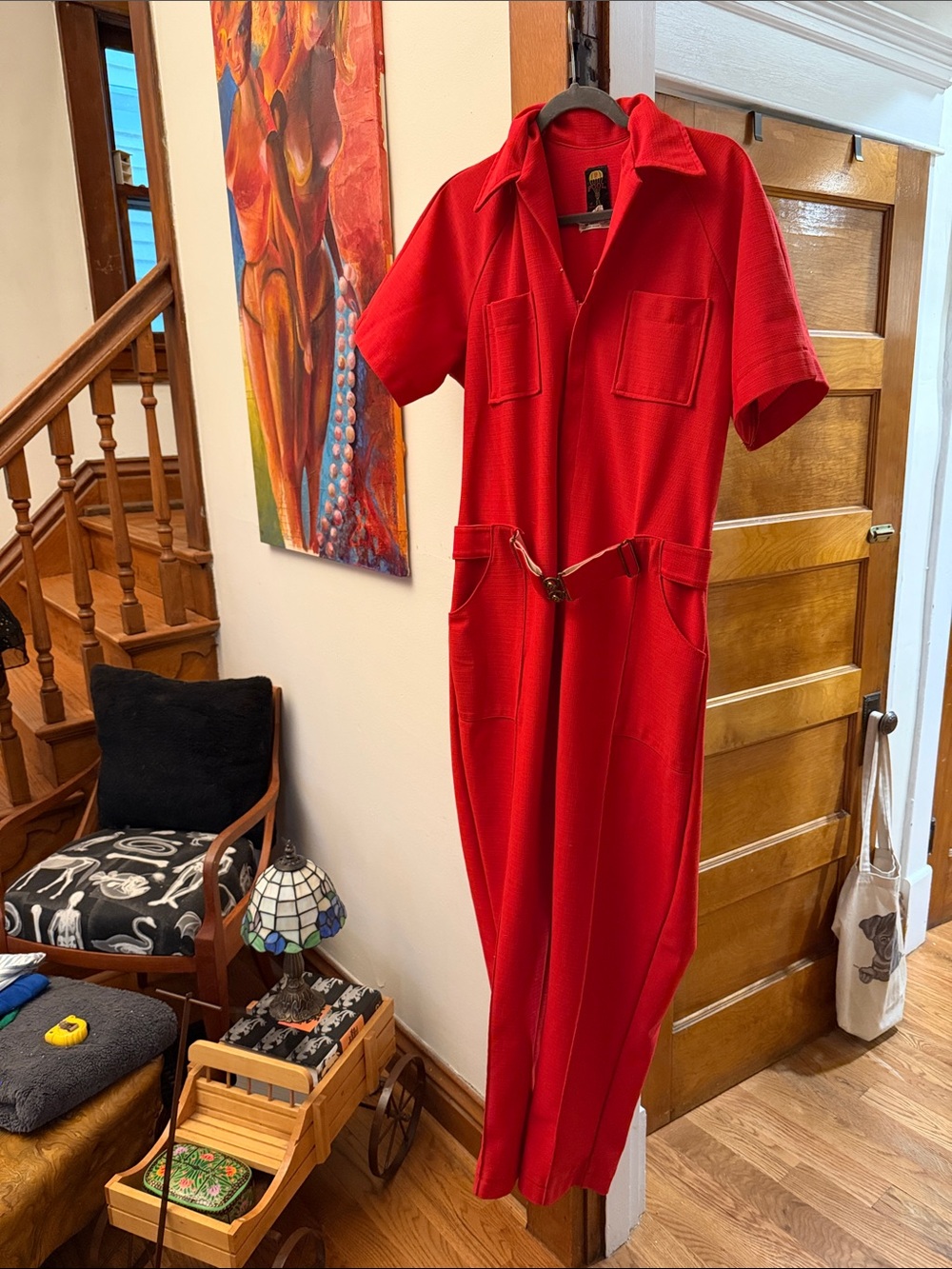 Vintage 1970s Red Short-Sleeve Utility Jumpsuit